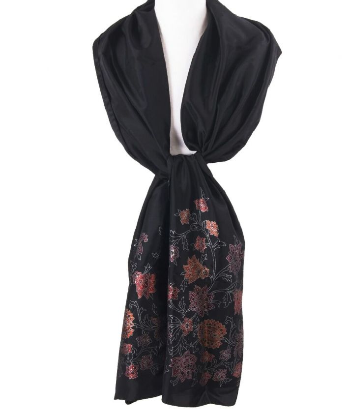 Zwarte taft stola met jaquard geweven bloempatroon