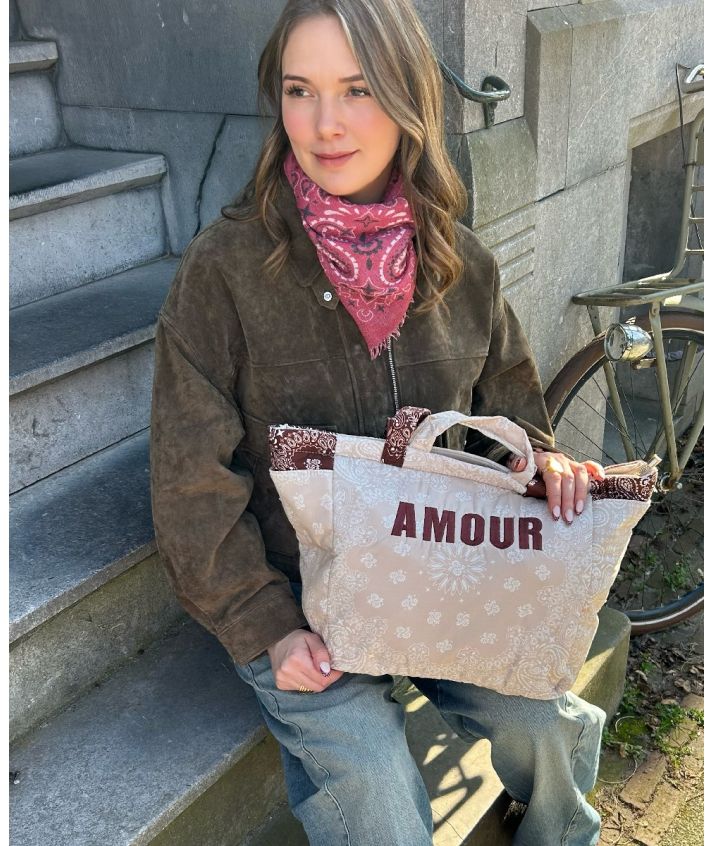 Gewatteerde bandana shopper tas in donkerbruin en lichtbeige
