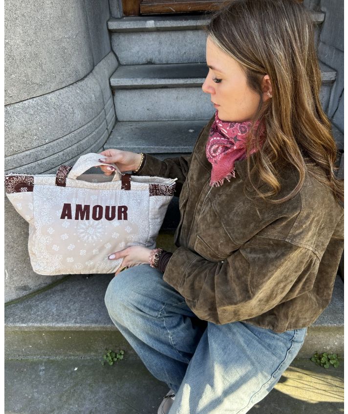 Gewatteerde bandana shopper tas in donkerbruin en lichtbeige