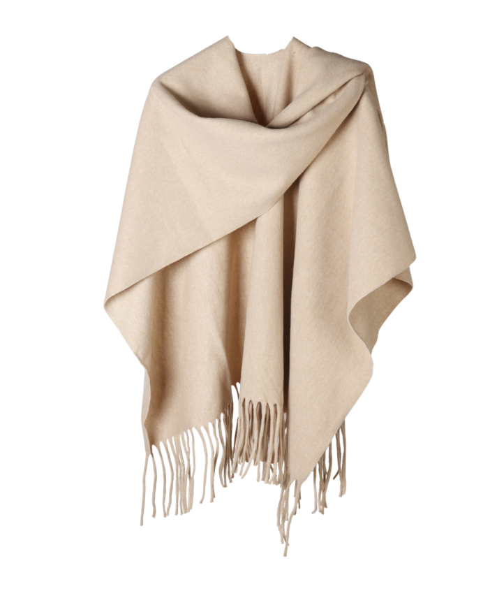 Omslagdoek/cape met franjes in beige