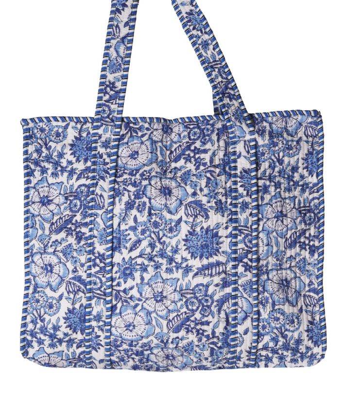 Gewatteerde shopper bloemenprint in blauw