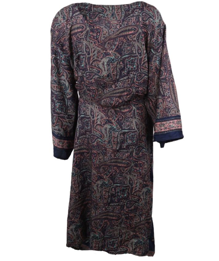 Lange donkerblauwe zijde-blend kimono met paisley print in roze