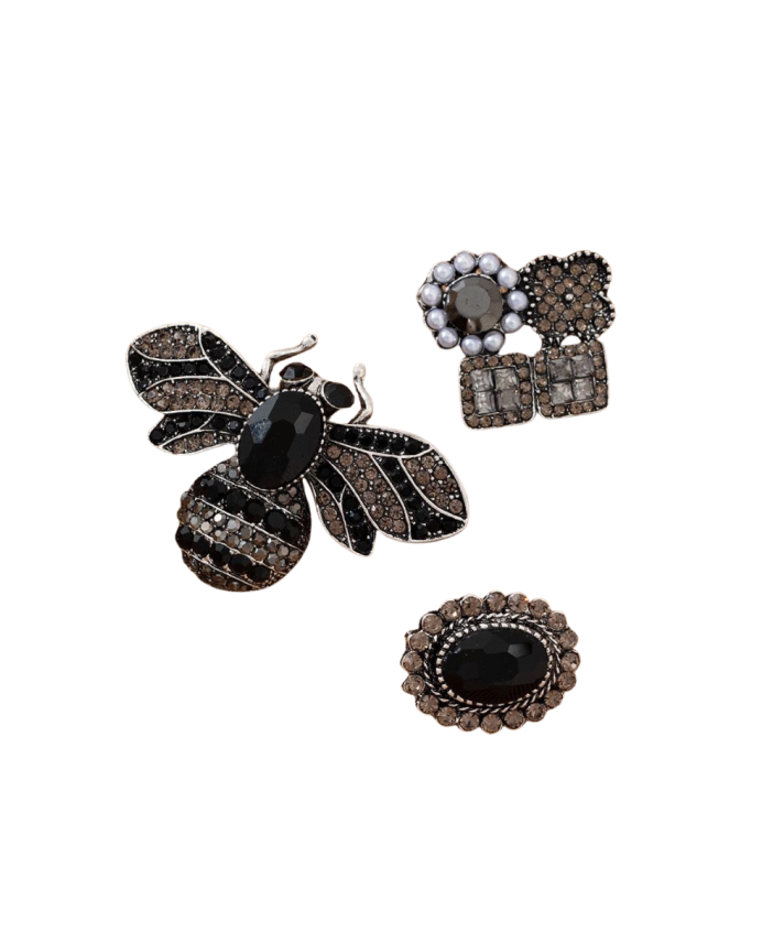 Broche set (3-delig) - bij, bloem en ovaal in zwart