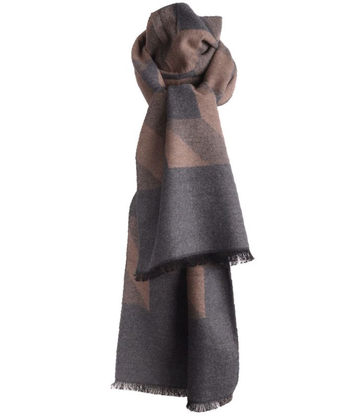 Zachte wol-blend sjaal in taupe met grafische print