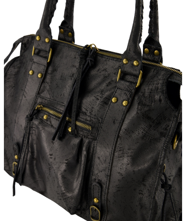 Large lederen city bag in zwart