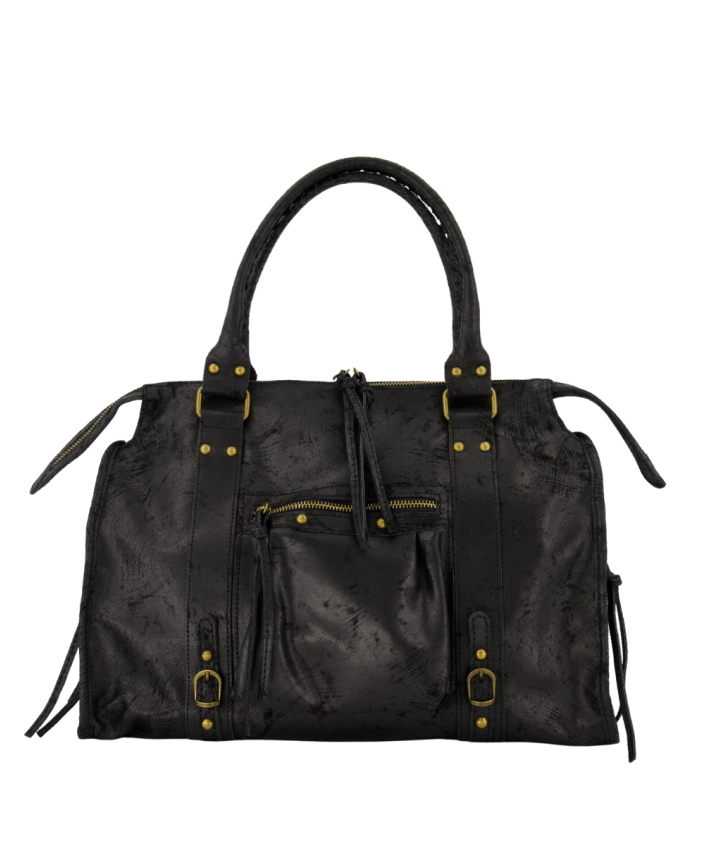 Large lederen city bag in zwart