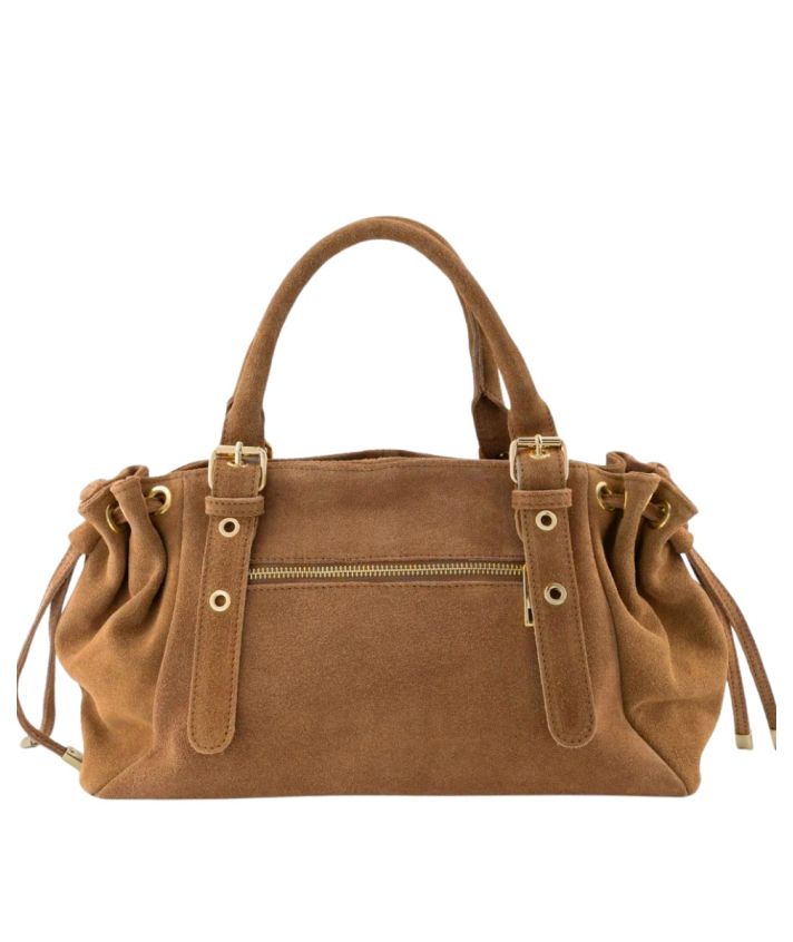 Large ruby suède handtas in cognac bruin