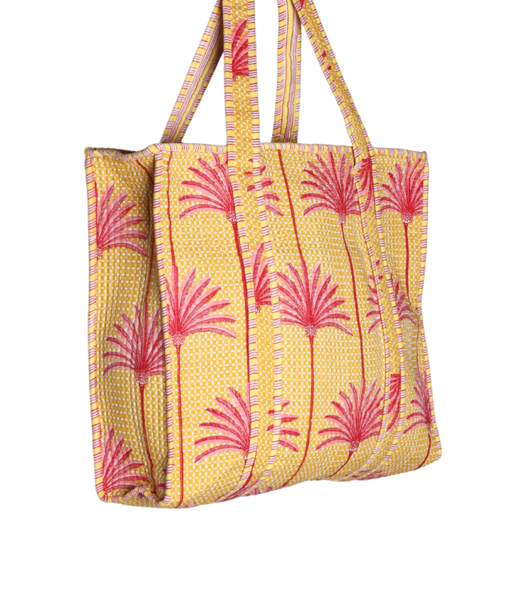 Gewatteerde shopper tas in geel met palmbomen