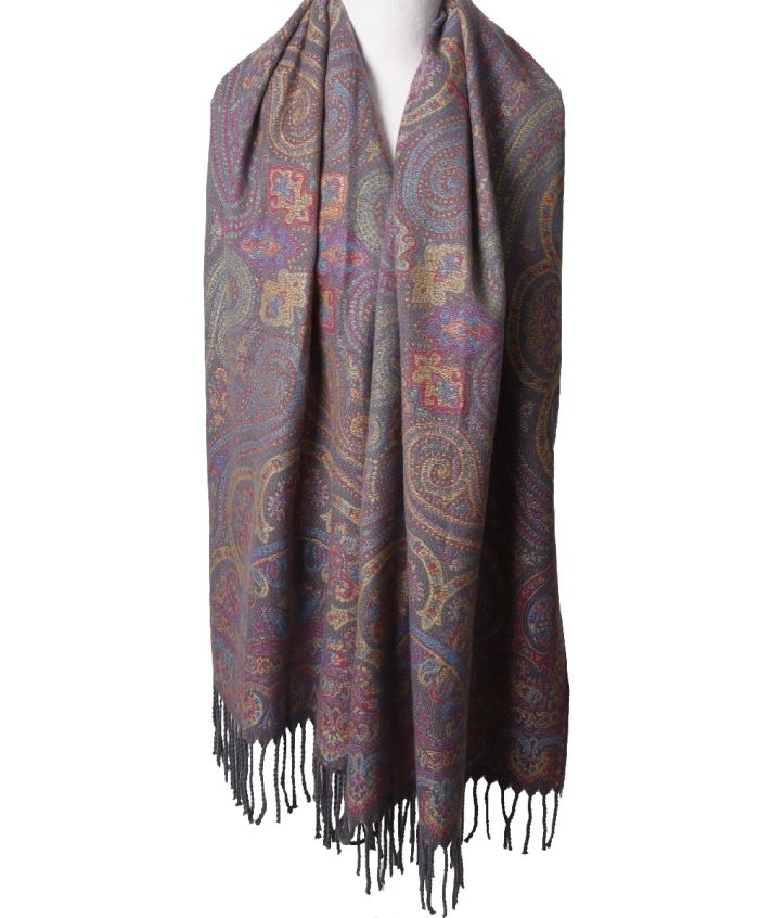 Lora pashmina met paisleypatronen in grijs