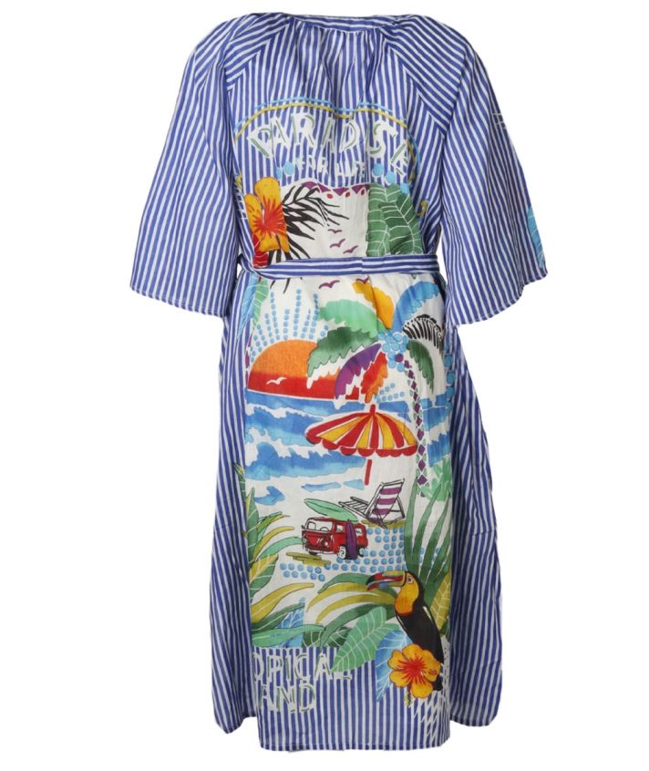 Katoenen jurk met strepen en zomerse print in blauw