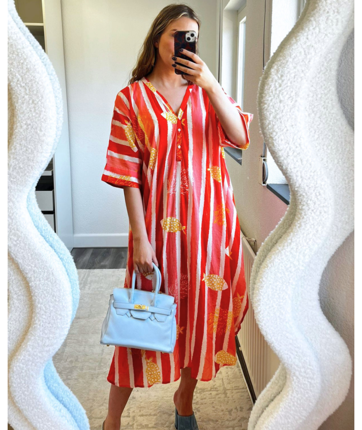 Katoenen kaftan jurk met vissenprint