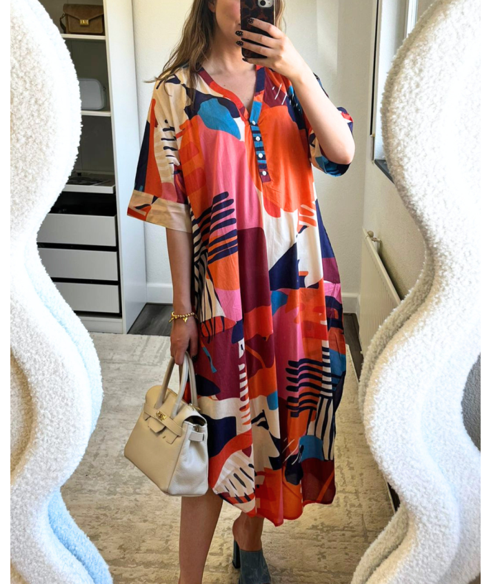 Katoenen kaftan jurk met grafische print