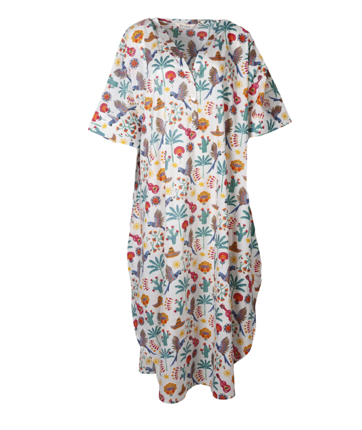 Lange kaftan jurk met kleurrijke illustraties