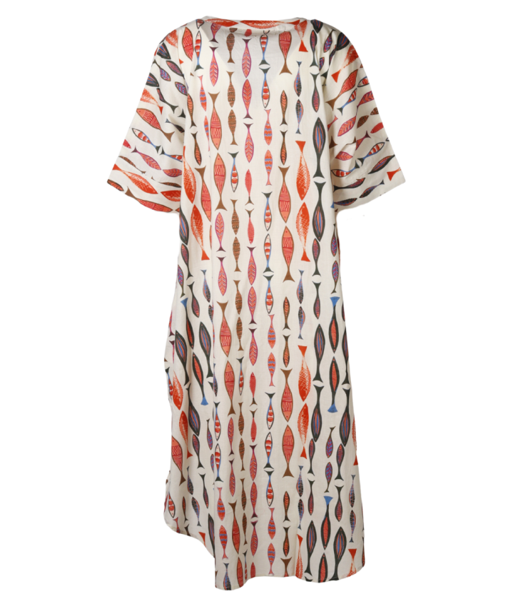 Lange kaftan jurk met vissenprint