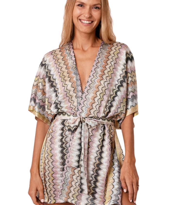 Korte kimono met zigzag patroon in beige