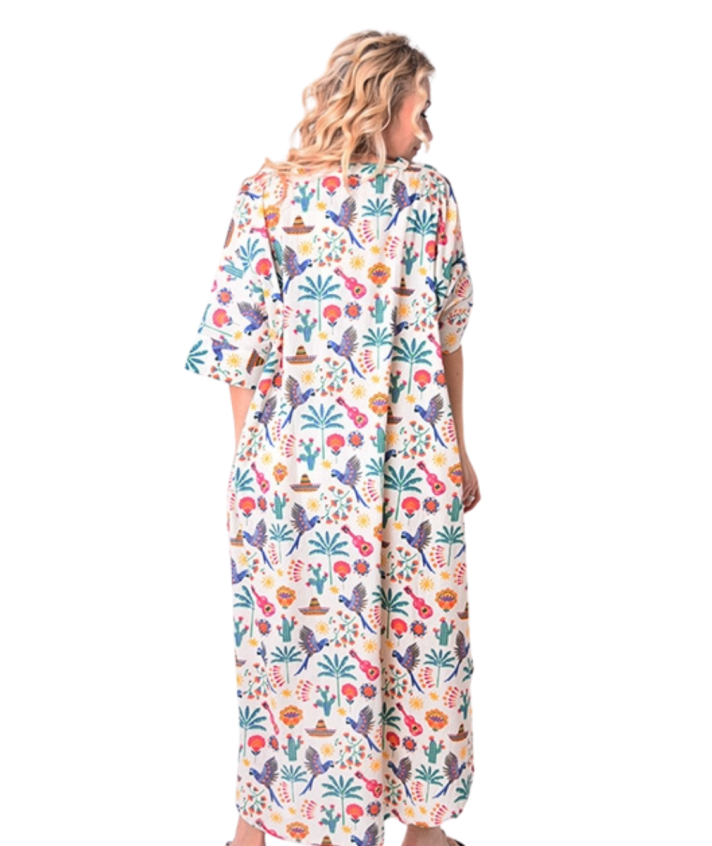 Lange kaftan jurk met kleurrijke illustraties