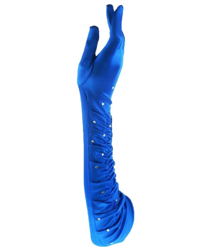 Kobalt lycra satijnen gesmokte avondhandschoen met strass