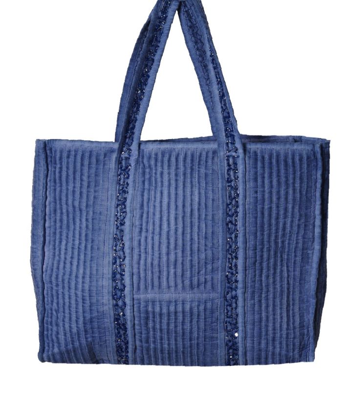 Gewatteerde schoudertas/shopper met kralenborduursel in kobaltblauw