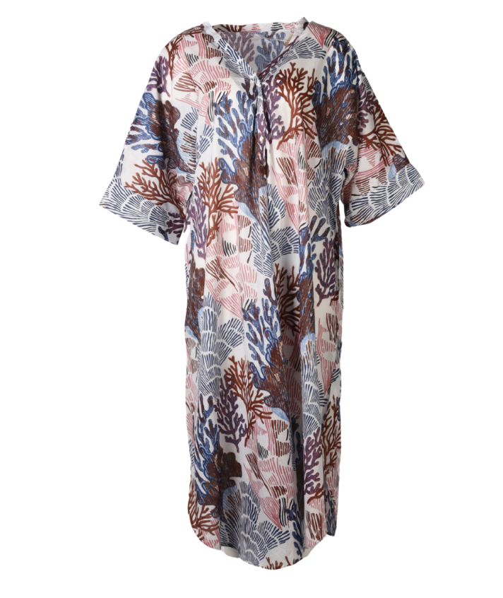 Katoenen kaftan jurk met koraalprint in bruin