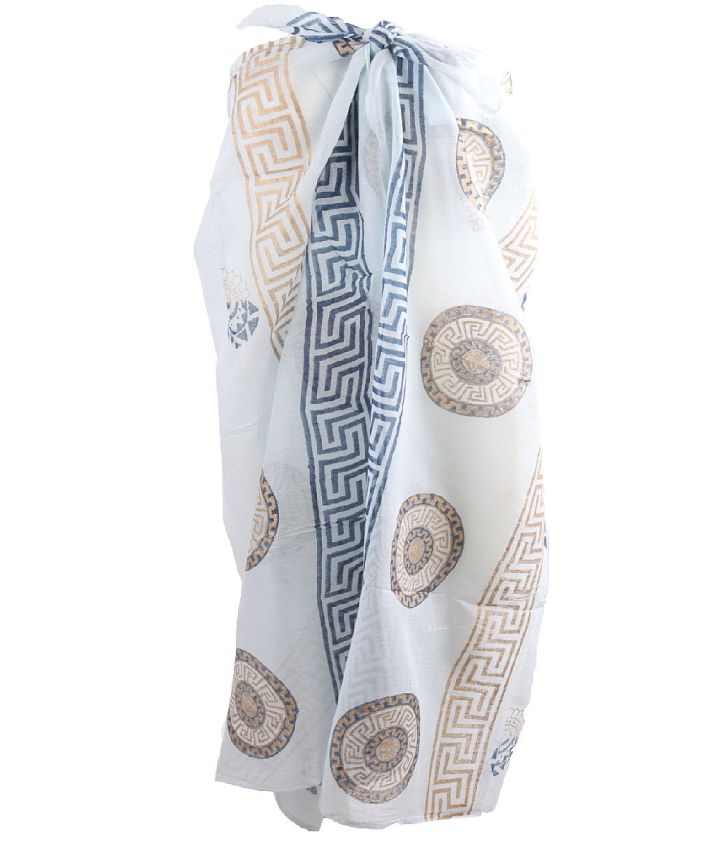 Zachtblauwe sarong met handgedrukte Griekse ornament print 