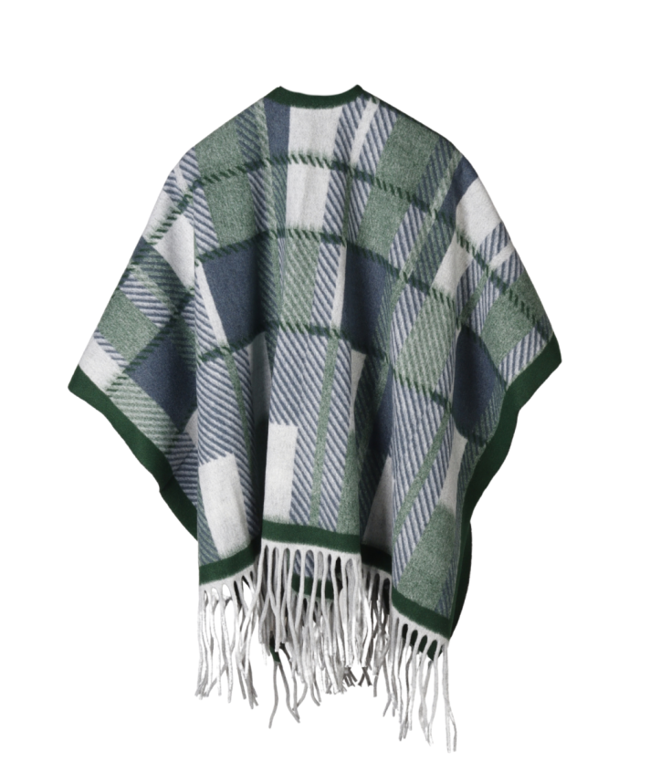 Ruiten omslagdoek/cape met franjes in groen