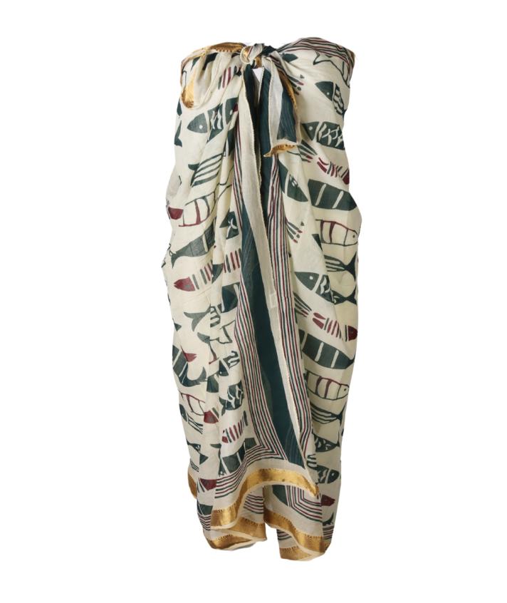 Katoenen sarong met visjes print in groen