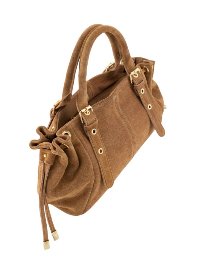 Large ruby suède handtas in cognac bruin