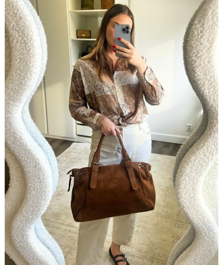 Large ruby suède handtas in cognac bruin