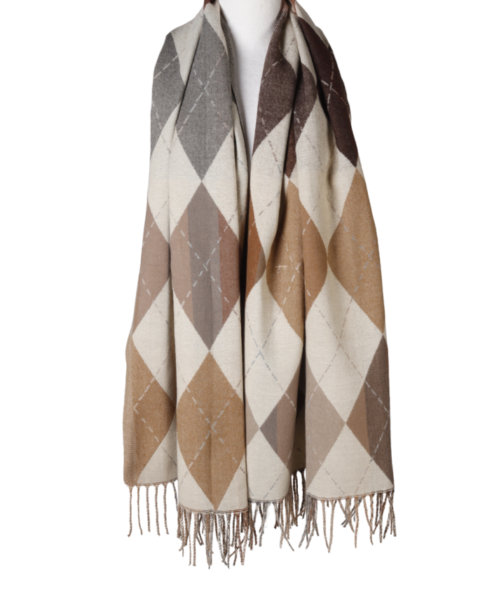 Wol-blend sjaal met wyber ruit in lichtbeige
