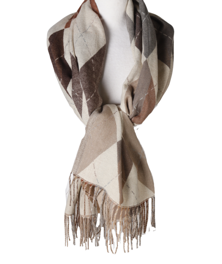 Wol-blend sjaal met wyber ruit in lichtbeige