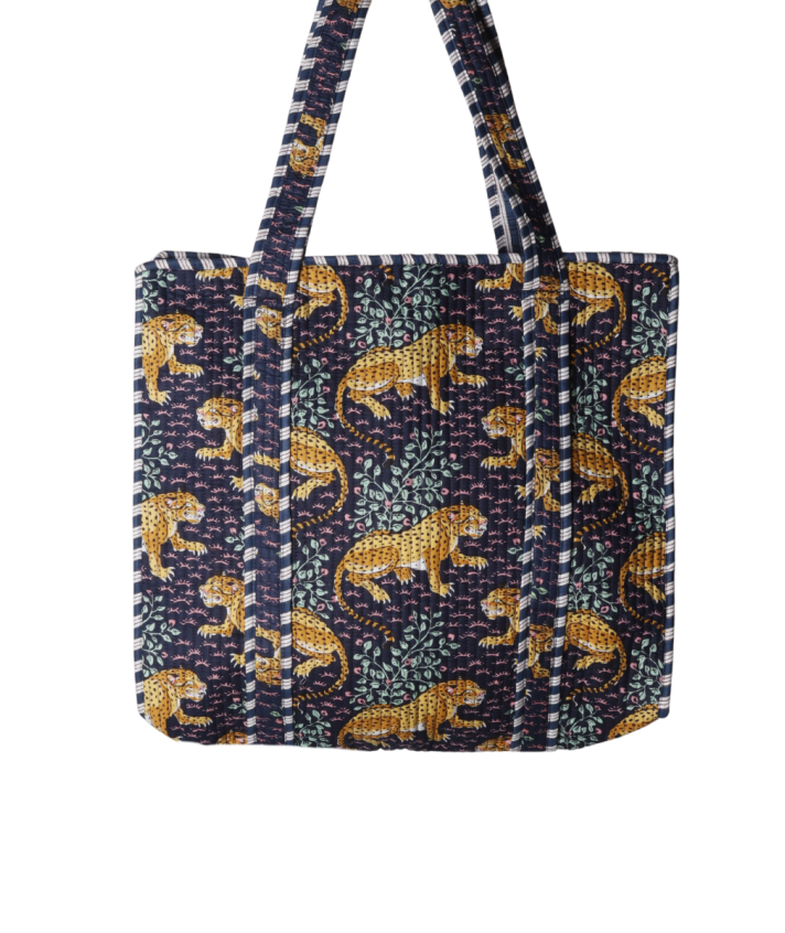 Gewatteerde schoudertas/shopper met panterprint in donkerblauw