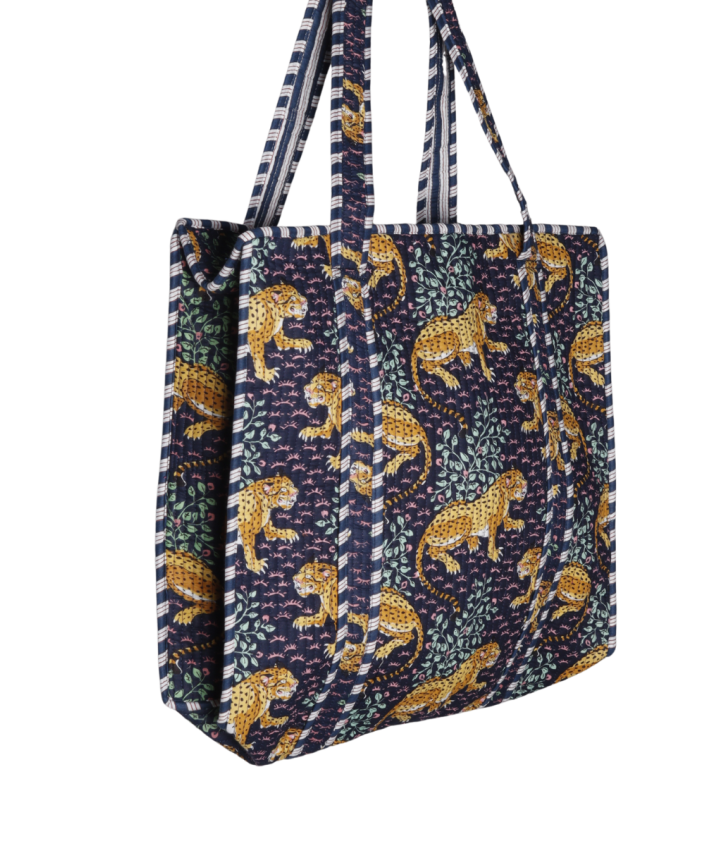 Gewatteerde schoudertas/shopper met panterprint in donkerblauw
