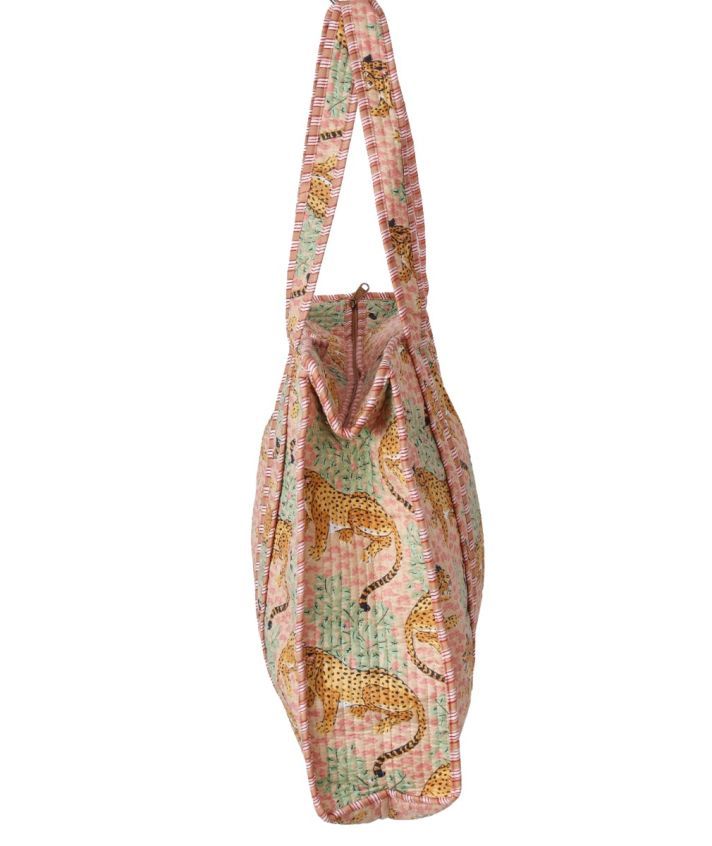 Gewatteerde schoudertas/shopper met panterprint in beige