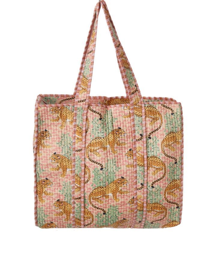 Gewatteerde schoudertas/shopper met panterprint in beige