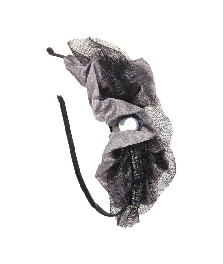 Silvertone satijn en tule op beklede skinny haarband met facet cristal