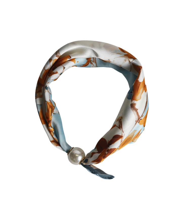 Sjaaltje met bloemen print en parel sluiting in turquoise