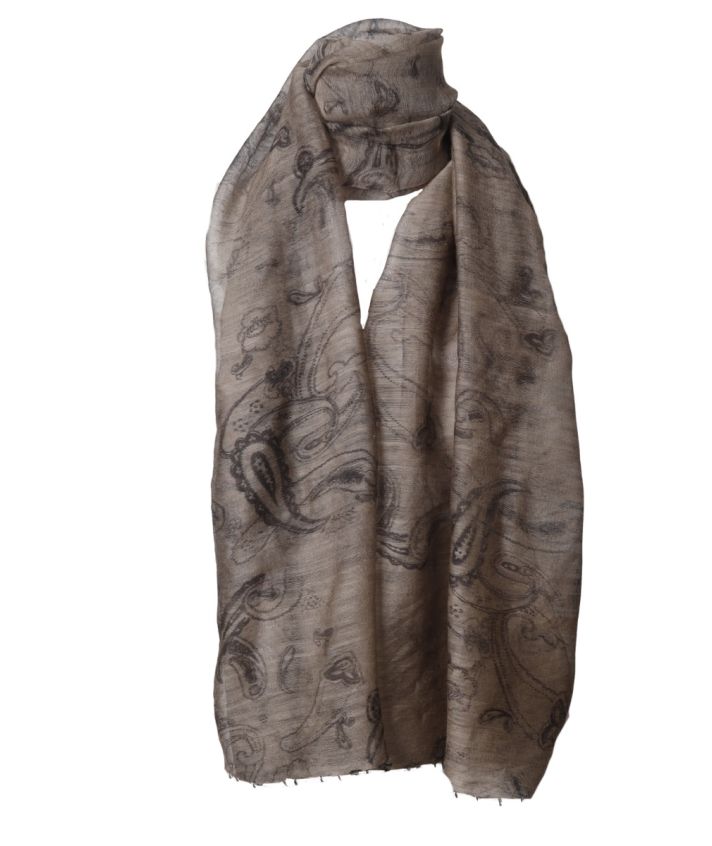 Wol-zijde sjaal in taupe met paisley patroon