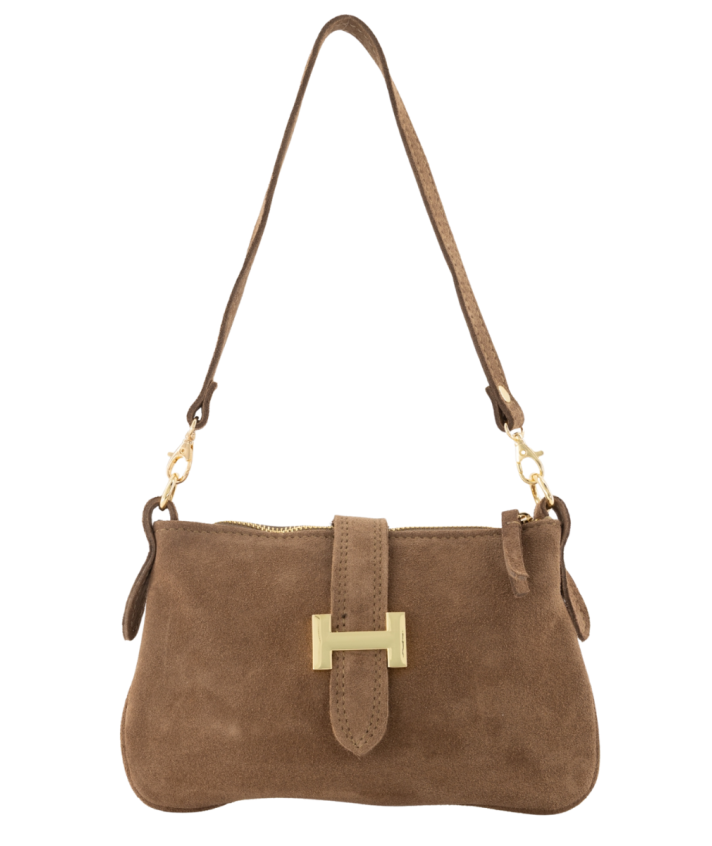 Nola suède schoudertas in donker taupe