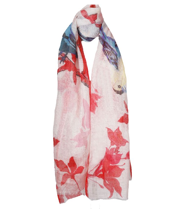 Witte linnen sjaal – bloemen & vogelprint