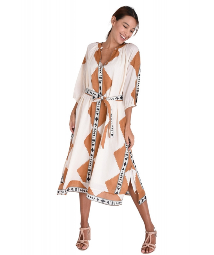 Katoenen jurk met ikat print in olijfgroen