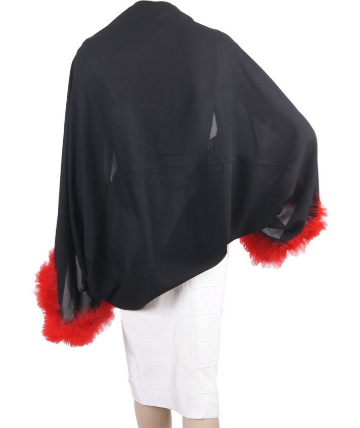 Zwarte bolero stola met rode verenrand