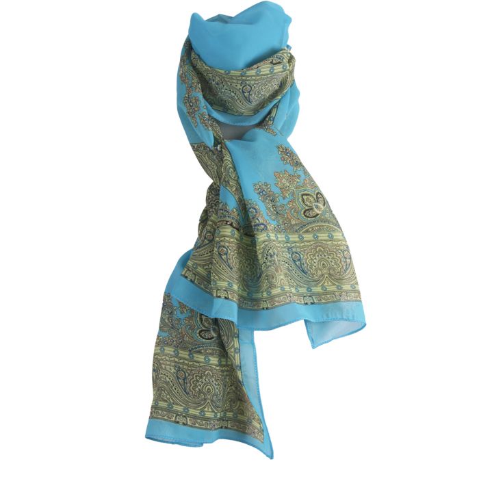 Turquoise-blauwe crêpe voile sjaal met paisley print -
