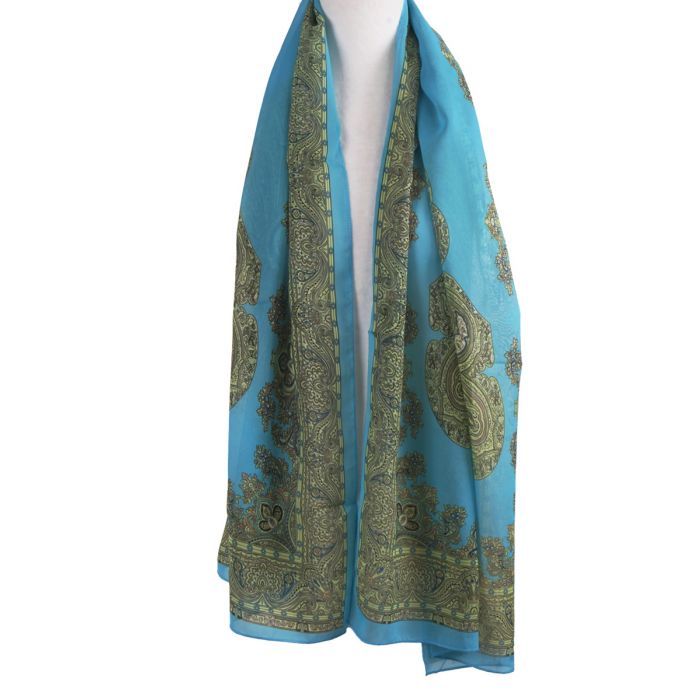 Turquoise-blauwe crêpe voile sjaal met paisley print -