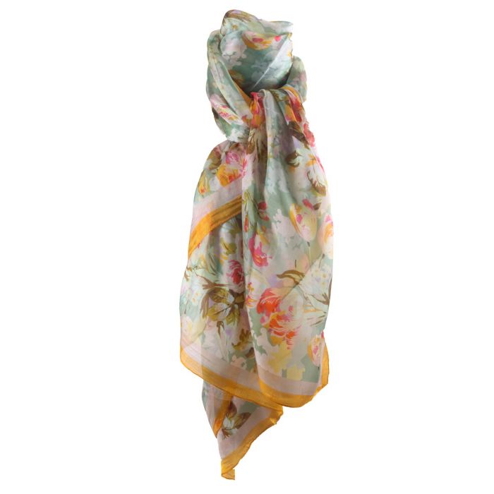 ga winkelen onaangenaam Taiko buik Zijden mintgroene sjaal/stola met bloemenprint - bouFFante