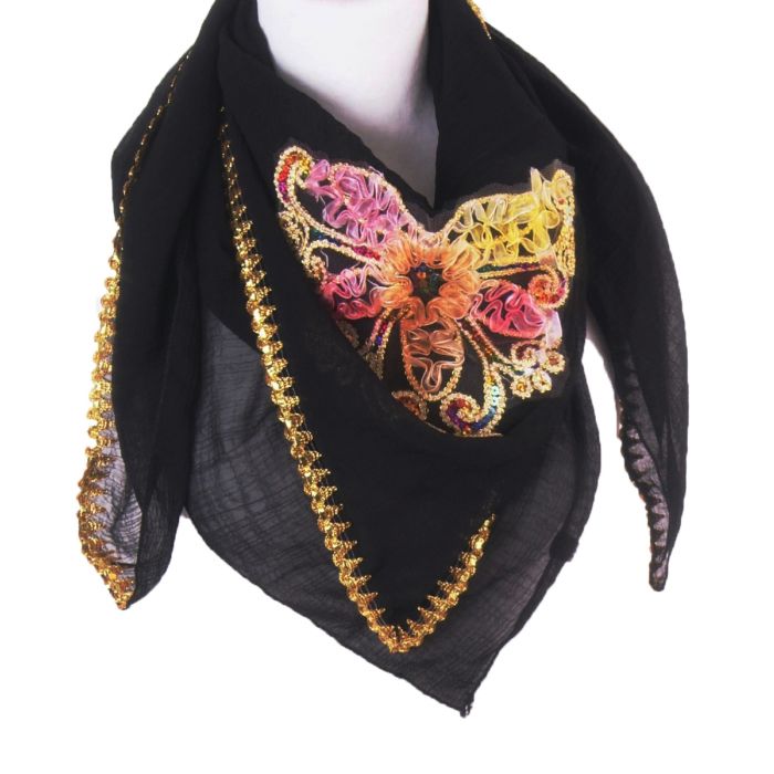 Vrijgevigheid berouw hebben Verdorren Zwarte crêpe voile sjaal met borduursel van gouddraad en organzalint -  bouFFante