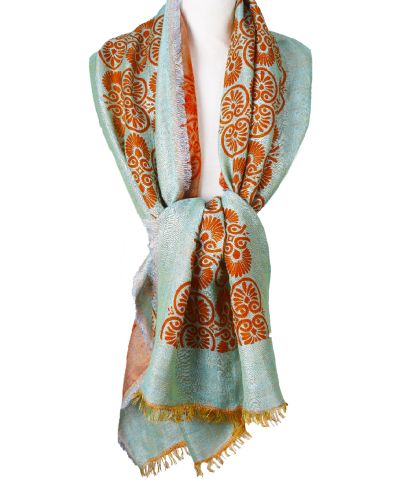 Mintgroene geweven sjaal met ornament print in oranje