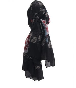 Luchtige zwarte sjaal met bloemenprint 