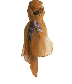 Luchtige okergele sjaal met bloemenprint 