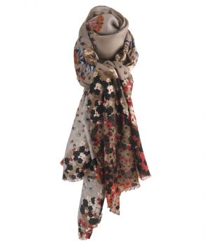 Taupe kleurige sjaal met bloemenprint