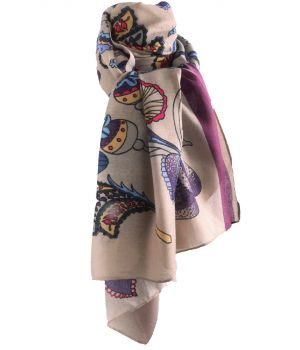 Sjaal met bloemenprint en streep in paars